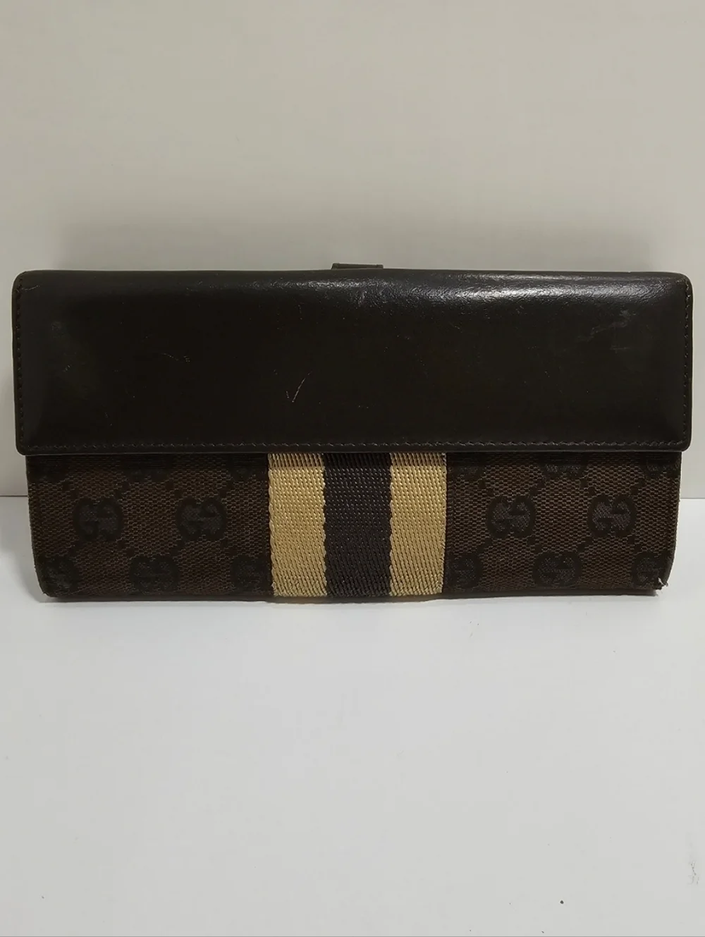 Auth. Vintage Gucci Jackie Piston Lock Long Wallet GG Monogram Canvas Brown